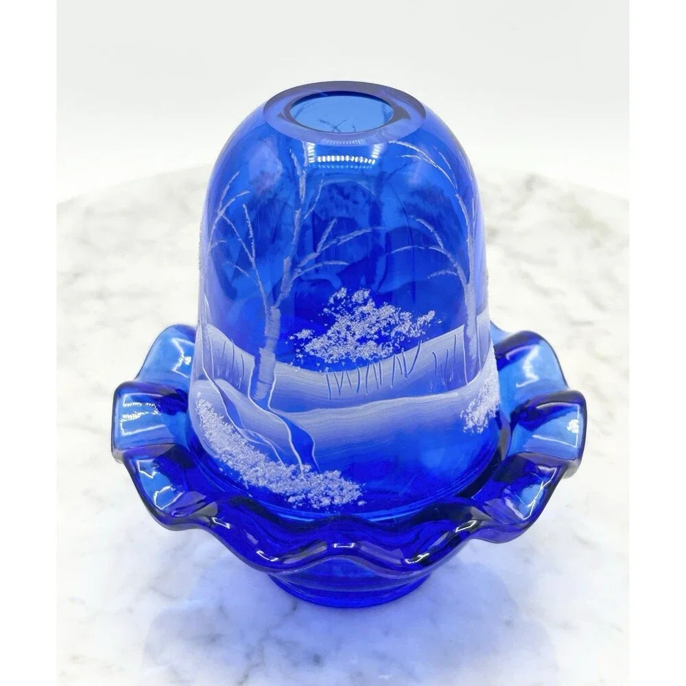 Fenton “Canaan Valley” Cobalt Fairy Lamp Signed D. Frederick
